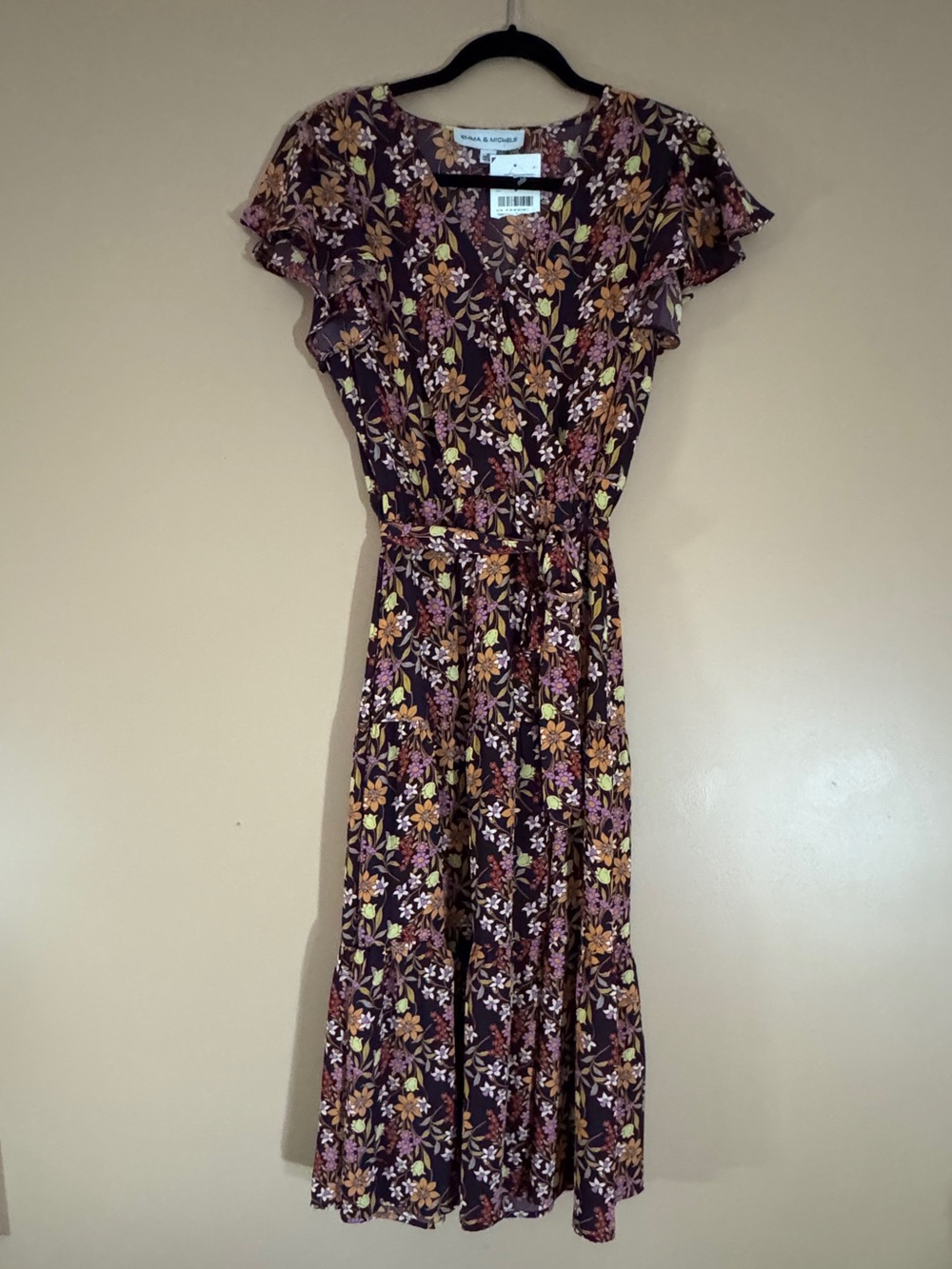 NWT Burgundy Floral Midi Faux-Wrap Dress with Ruffle Sleeves